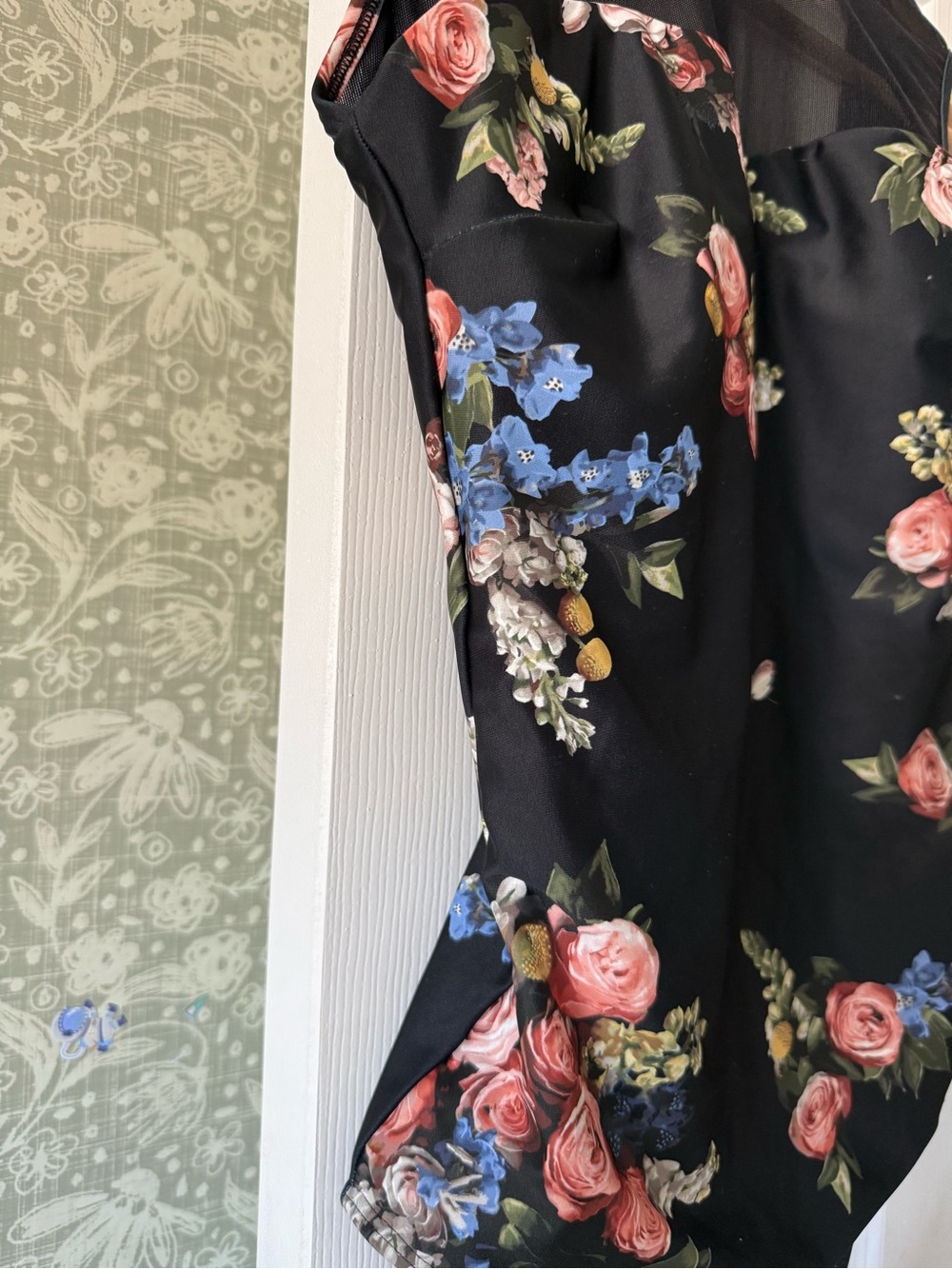 Albion Black Floral Strappy one piece with Pink Rose Accents - Picture 2 of 6